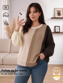 CosyJoli Plus Size Women's Colorblock Tassel Trim Loose Casual Pullover Sweater Winter - Multicolor - View 4