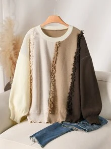 CosyJoli Plus Size Women's Colorblock Tassel Trim Loose Casual Pullover Sweater Winter - Multicolor - View 6