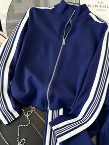 Franclia Fitted Stand Collar Cardigan + Casual Slant Pocket Pants - Blue - View 4