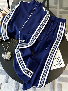 Franclia Fitted Stand Collar Cardigan + Casual Slant Pocket Pants - Blue - View 3