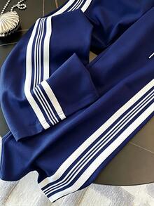 Franclia Fitted Stand Collar Cardigan + Casual Slant Pocket Pants - Blue - View 7