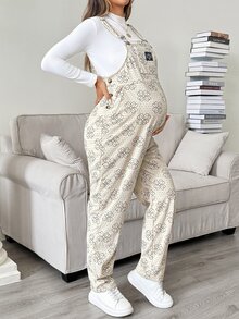 SHEIN 孕婦花卉圖案字母印花休閒連身褲 秋季 - 卡其色 - 查看 7