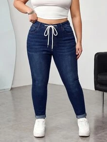 SHEIN CURVE+ 大尺碼休閒水洗修身牛仔褲 女款牛仔女孩風 秋季度假演唱會穿搭 - 藍色 - 查看 5