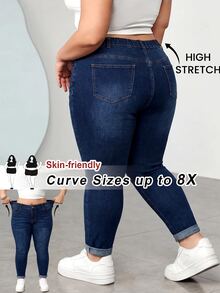 SHEIN CURVE+ 大尺碼休閒水洗修身牛仔褲 女款牛仔女孩風 秋季度假演唱會穿搭 - 藍色 - 查看 7