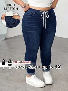 SHEIN CURVE+ 大尺碼休閒水洗修身牛仔褲 女款牛仔女孩風 秋季度假演唱會穿搭 - 藍色 - 查看 9