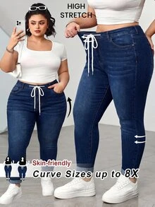 SHEIN CURVE+ 大尺碼休閒水洗修身牛仔褲 女款牛仔女孩風 秋季度假演唱會穿搭 - 藍色 - 查看 3