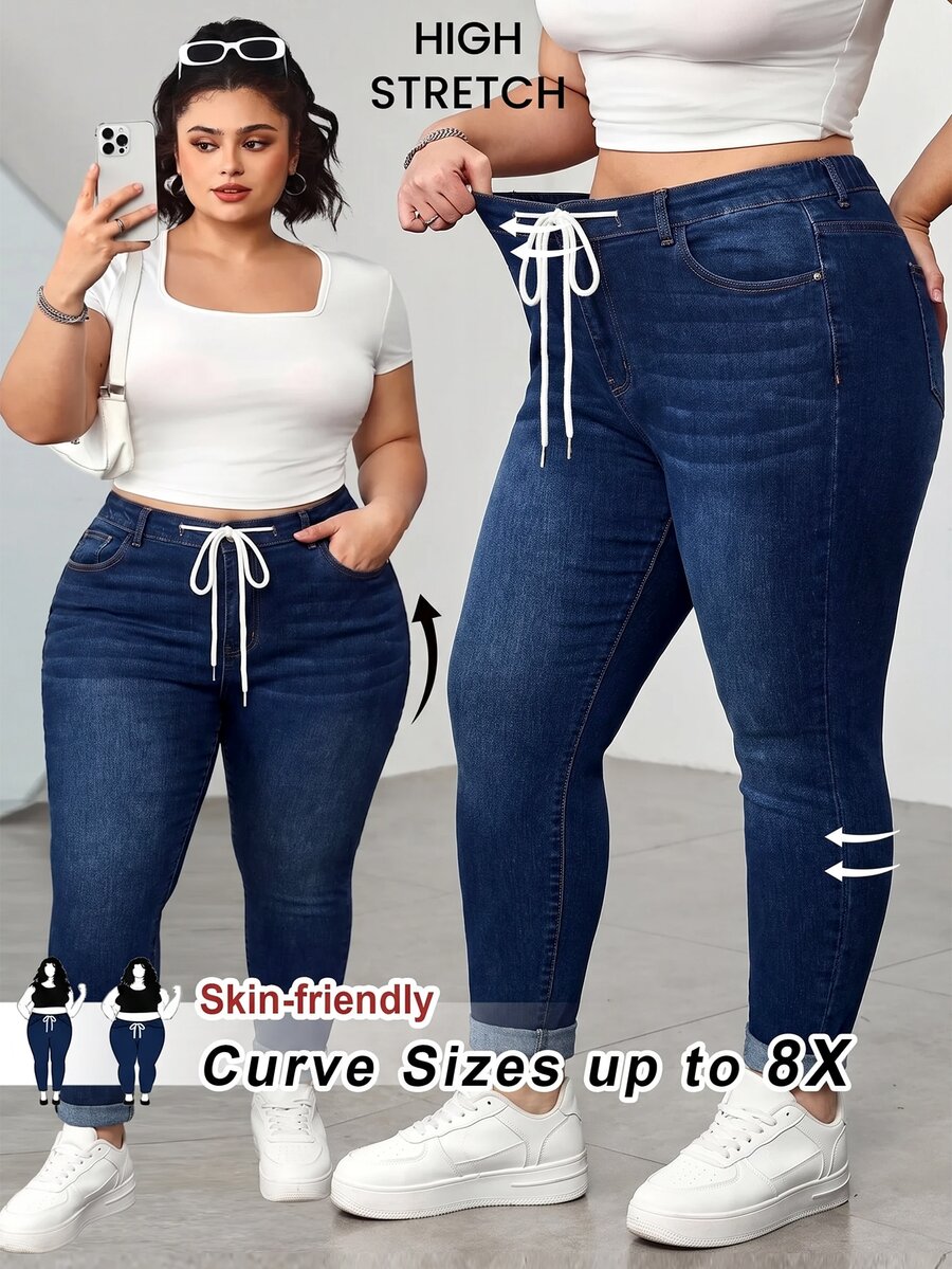 SHEIN CURVE+ 大尺碼休閒水洗修身牛仔褲,女款牛仔女孩風,適合秋季度假音樂會 - 藍色 - 查看 1