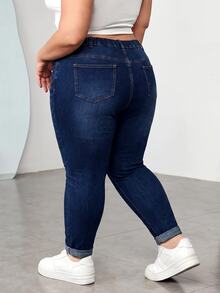 SHEIN CURVE+ 大尺碼休閒水洗修身牛仔褲 女款牛仔女孩風 秋季度假演唱會穿搭 - 藍色 - 查看 8