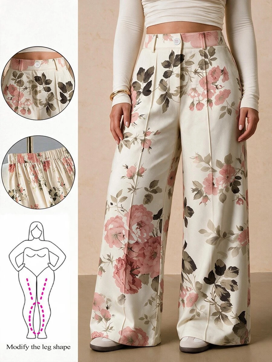 GlowEve CURVE 大码女式花卉印花直筒裤,简约 - 彩色 - 查看 1