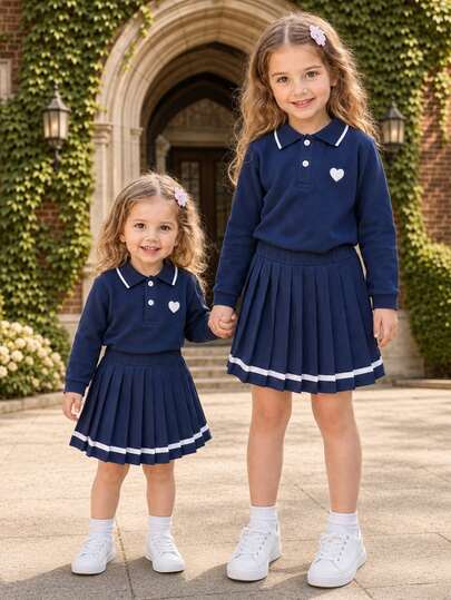 Baby Girl (6 Months-3 Years) Navy Blue Long Sleeve Collared Polo Shirt With White Heart Patch + Pleated Skirt 2-Piece Set, Spring/Autumn Casual Campus Style Cute Outfit, Suitable For Outings, Family Gatherings And Photo Shoots