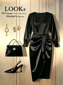 Allurite Spring/Autumn French Elegant Commuter Style Pleated Design Plus Size Black Dress Fall - Black - View 5