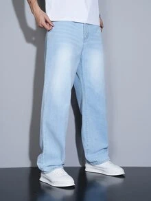 Manfinity Homme Vaqueros casuales de corte recto y holgado con múltiples bolsillos para hombre - Celeste - Ver 7