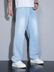 Manfinity Homme Vaqueros casuales de corte recto y holgado con múltiples bolsillos para hombre - Celeste - Ver 5
