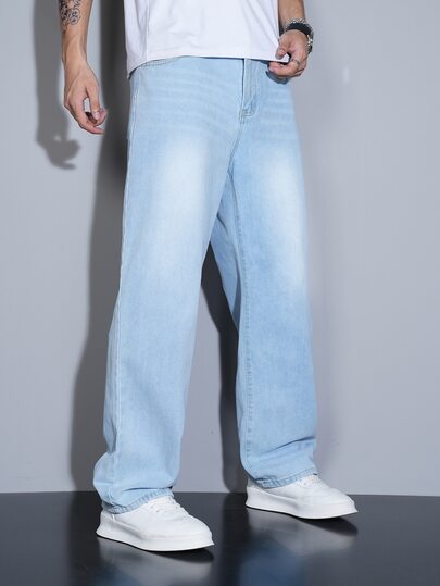 Manfinity Homme Men's Straight Loose Fit Multi-Pocket Casual Denim Jeans