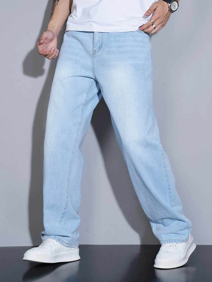 Manfinity Homme Vaqueros casuales de corte recto y holgado con múltiples bolsillos para hombre - Celeste - Ver 1