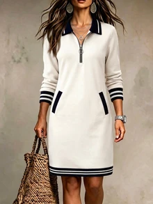 Balvessa Women's Colorblock Striped Long Sleeve Zipper Design Casual Short Dress - Multicolor - View 6
