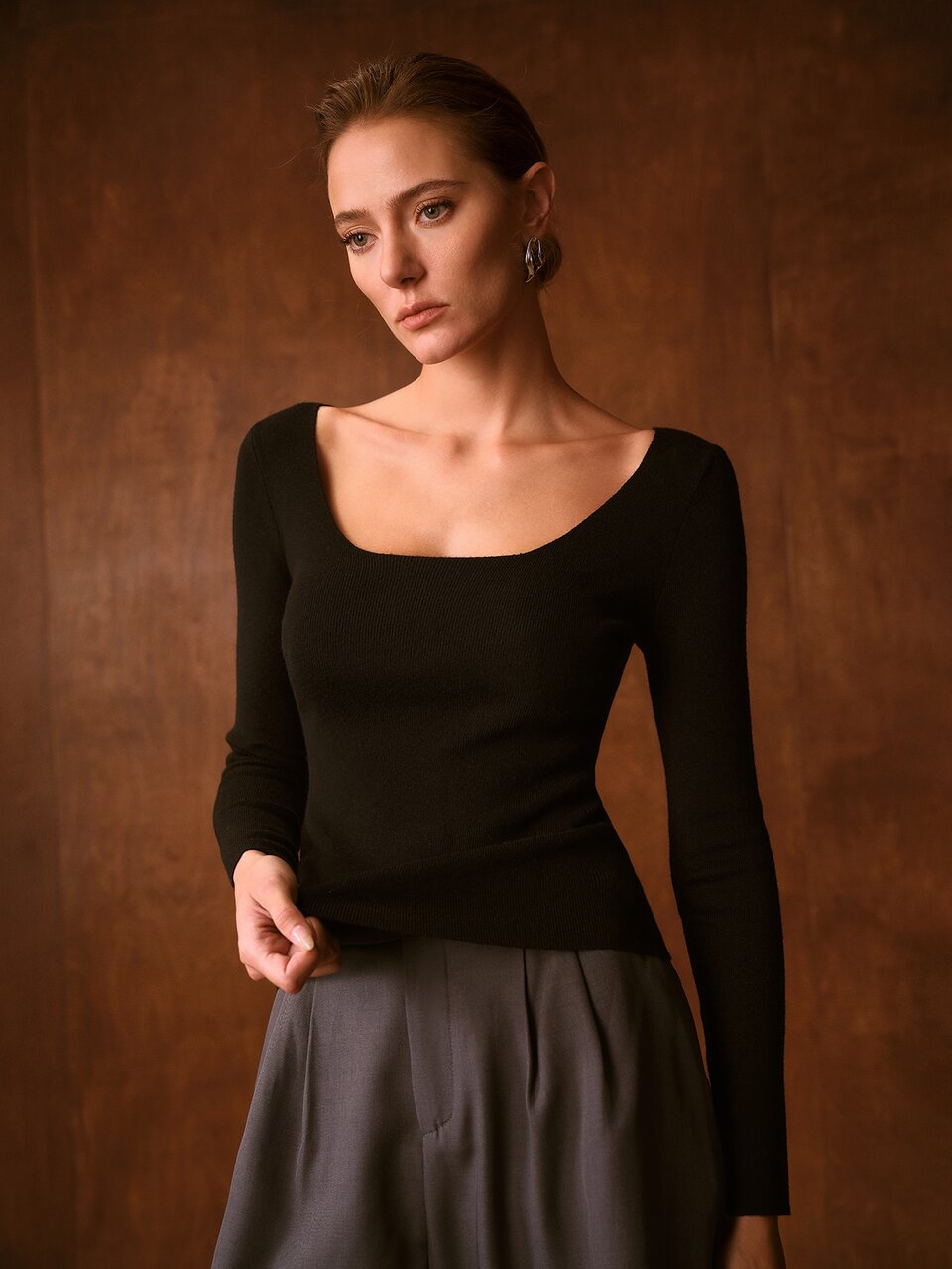 MOTF WOMEN'S AUTUMN/WINTER COLLARBONE-EXPOSING LARGE SCOOP NECK FITTED LONG SLEEVE KNIT SWEATER