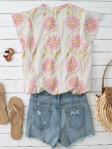 EMERY ROSE New Elegant Boho Casual Flutter Sleeve V-Neck Loose Women's Blouse Shirt Vacation Pink White Summer - Pink - View 2