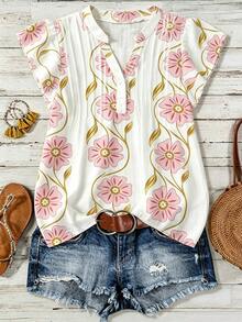 EMERY ROSE New Elegant Boho Casual Flutter Sleeve V-Neck Loose Women's Blouse Shirt Vacation Pink White Summer - Pink - View 1