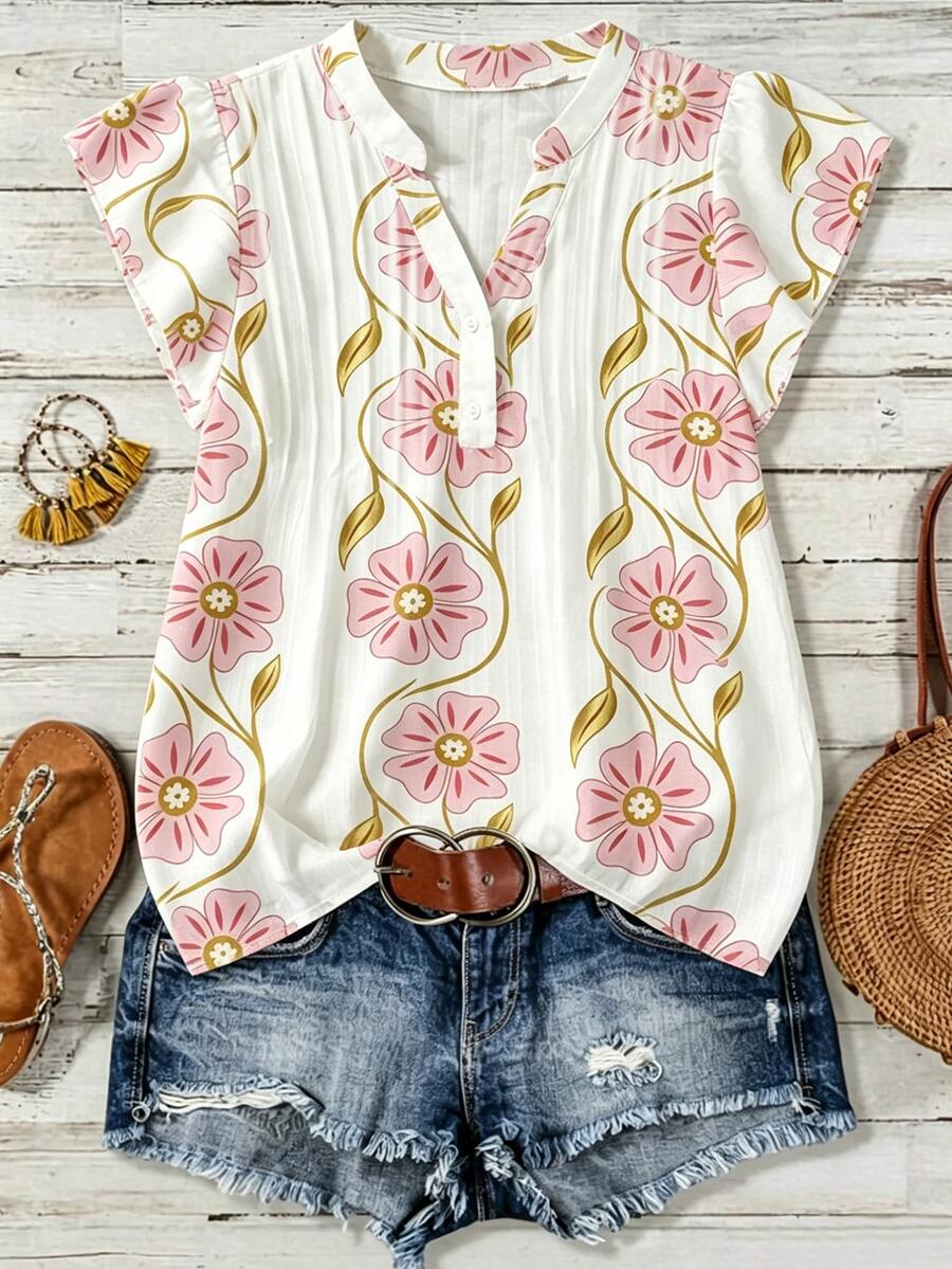 EMERY ROSE New Elegant Boho Casual Flutter Sleeve V-Neck Loose Women's Blouse Shirt Vacation Pink White Summer - Pink - View 1