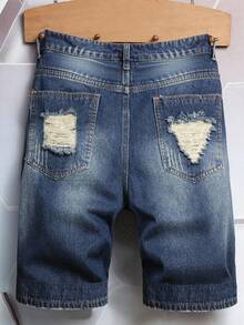Manfinity Homme Pantalones cortos vaqueros casuales con bolsillos y desgastados para hombres de talla grande, pantalones cortos vaqueros versátiles para hombres con roturas, estilo emo - Azul - Ver 2