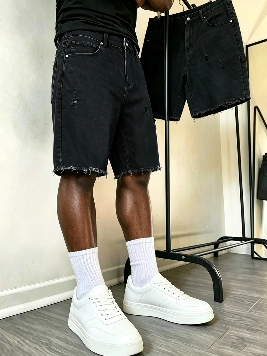 Manfinity Roghcode Men's Casual Streetwear Versatile Black Washed Distressed Design Stretch Denim Shorts Vacation Holiday Summer - Black - View 1