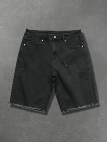 Manfinity Roghcode Men's Casual Streetwear Versatile Black Washed Distressed Design Stretch Denim Shorts Vacation Holiday Summer - Black - View 3