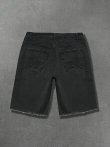 Manfinity Roghcode Men's Casual Streetwear Versatile Black Washed Distressed Design Stretch Denim Shorts Vacation Holiday Summer - Black - View 2
