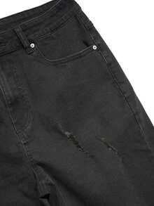 Manfinity Roghcode Men's Casual Streetwear Versatile Black Washed Distressed Design Stretch Denim Shorts Vacation Holiday Summer - Black - View 4
