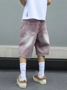 Manfinity EMRG Men's Solid Color Simple Daily Wear Denim Shorts Jorts - Mauve Purple - View 2