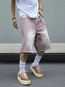 Manfinity EMRG Men's Solid Color Simple Daily Wear Denim Shorts Jorts - Mauve Purple - View 4