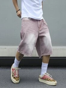 Manfinity EMRG Men's Solid Color Simple Daily Wear Denim Shorts Jorts - Mauve Purple - View 5
