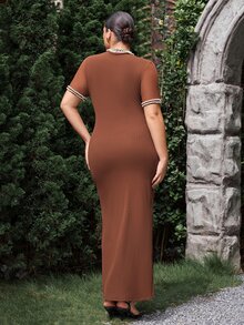 VOLUPTÉ CURVE Plus Size Women's Spring/Summer Brown Maxi Dress Pearl Short Sleeve Knit Slim Fit, Elegant Party Vacation Business Wedding Guest Dress Women - Brown - View 3