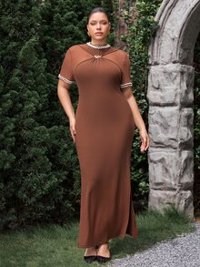 VOLUPTÉ CURVE Plus Size Women's Spring/Summer Brown Maxi Dress Pearl Short Sleeve Knit Slim Fit, Elegant Party Vacation Business Wedding Guest Dress Women - Brown - View 6