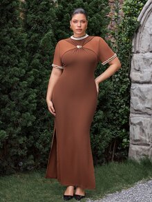 VOLUPTÉ CURVE Plus Size Women's Spring/Summer Brown Maxi Dress Pearl Short Sleeve Knit Slim Fit, Elegant Party Vacation Business Wedding Guest Dress Women - Brown - View 4