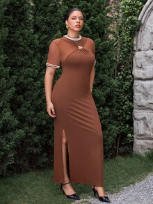 VOLUPTÉ CURVE Plus Size Women's Spring/Summer Brown Maxi Dress Pearl Short Sleeve Knit Slim Fit, Elegant Party Vacation Business Wedding Guest Dress Women - Brown - View 9