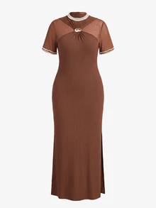 VOLUPTÉ CURVE Plus Size Women's Spring/Summer Brown Maxi Dress Pearl Short Sleeve Knit Slim Fit, Elegant Party Vacation Business Wedding Guest Dress Women - Brown - View 10