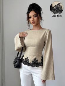 Siren Gaze Women's Lace Patchwork Pleated Casual Versatile Daily Wear Blouse - Apricot - View 7