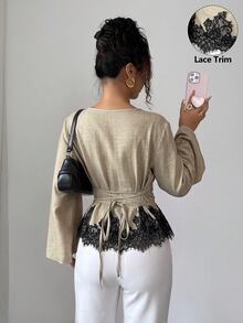 Siren Gaze Women's Lace Patchwork Pleated Casual Versatile Daily Wear Blouse - Apricot - View 3