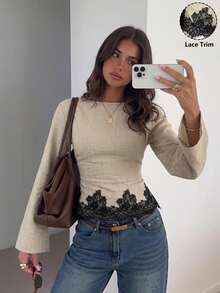 Siren Gaze Women's Lace Patchwork Pleated Casual Versatile Daily Wear Blouse - Apricot - View 2