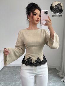Siren Gaze Women's Lace Patchwork Pleated Casual Versatile Daily Wear Blouse - Apricot - View 6