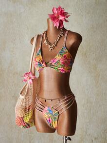 SHEIN ICON Conjunto de 2 piezas de traje de baño para mujer, estampado floral colorido, sexy, estilo tropical hawaiano, para vacaciones de verano y playa - Multicolor - Ver 3