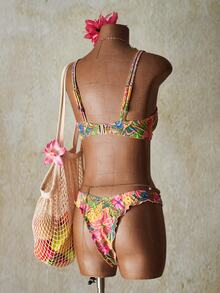 SHEIN ICON Conjunto de 2 piezas de traje de baño para mujer, estampado floral colorido, sexy, estilo tropical hawaiano, para vacaciones de verano y playa - Multicolor - Ver 2