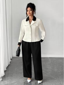 Elenzga Plus Size Women's Colorblock Long Sleeve Jacket And Pants Casual Commute Suit Set - Black and White - View 4