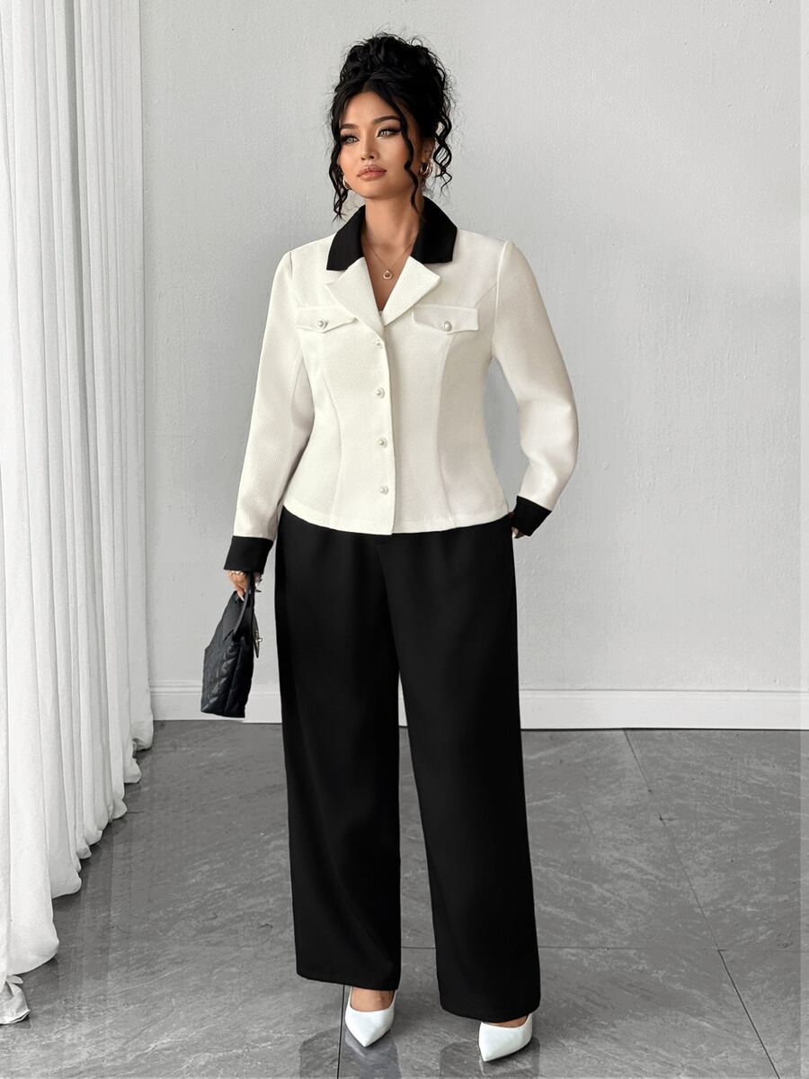 Elenzga Plus Size Women's Colorblock Long Sleeve Jacket And Pants Casual Commute Suit Set - Black and White - View 1