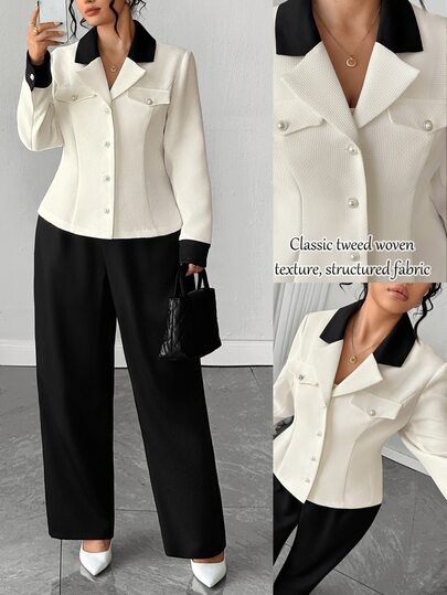 Elenzga Plus Size Women's Colorblock Long Sleeve Jacket And Pants Casual Commute Suit Set