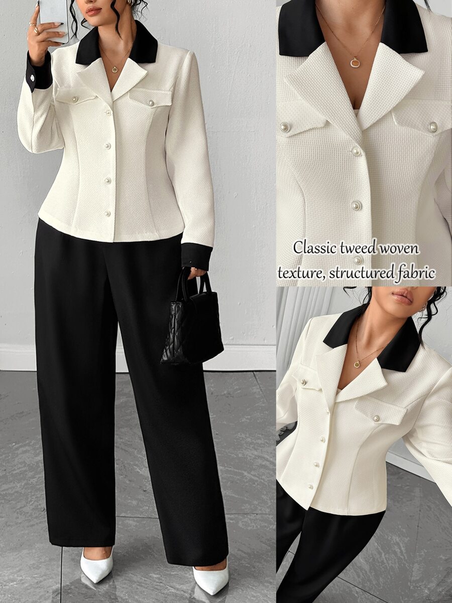 Elenzga Plus Size Women's Colorblock Long Sleeve Jacket And Pants Casual Commute Suit Set - Black and White - View 1