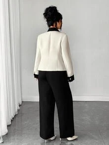 Elenzga Plus Size Women's Colorblock Long Sleeve Jacket And Pants Casual Commute Suit Set - Black and White - View 2