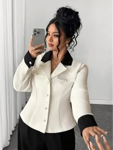 Elenzga Plus Size Women's Colorblock Long Sleeve Jacket And Pants Casual Commute Suit Set - Black and White - View 7