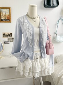 Soleia Women's Contrast Lace Long Sleeve Single-Breasted Knit Cardigan Brunch Date Light Blue Autumn Romantic Elegant - Blue - View 10